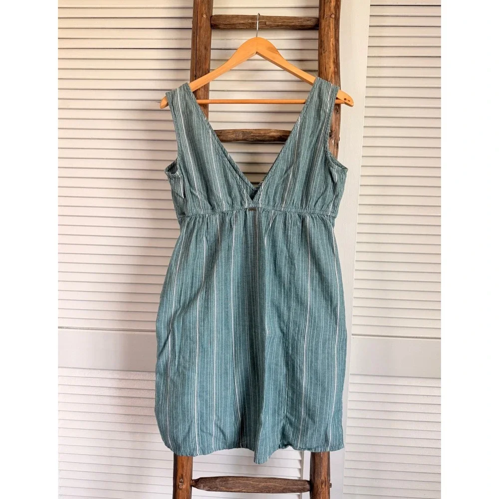 O'Neill Teal Striped Cotton V-Neck Empire Waist Mini Dress Green White Large